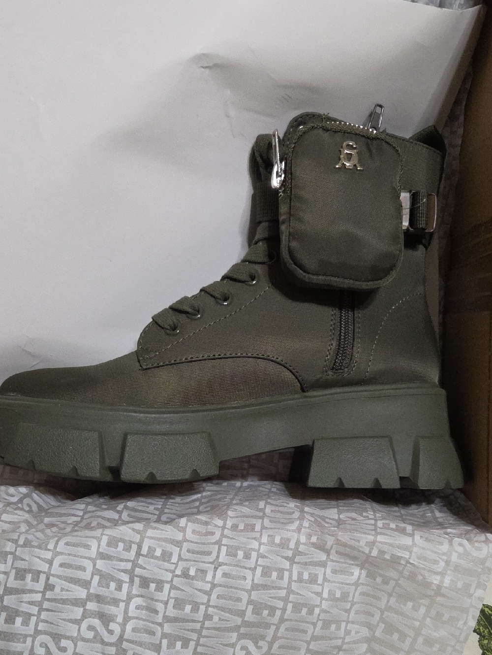 Steve Madden Olive Green Chunky Combat Boot with Detachable Pocket